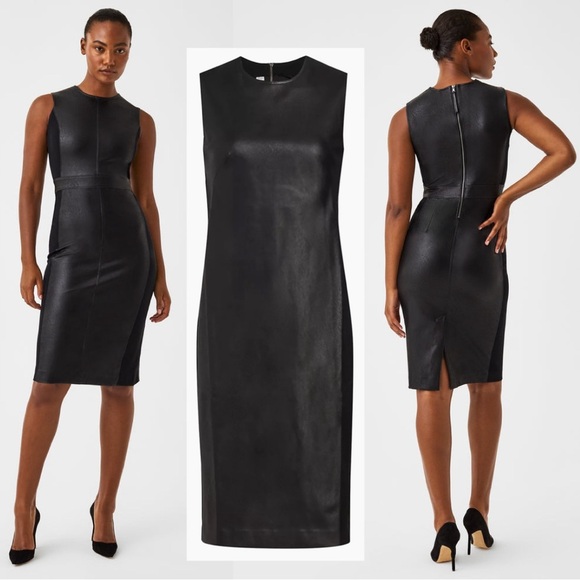 SPANX Faux Leather Sheath Dress Sleeveless Ponte Luxe Valentines Modern Black 2X - Picture 8 of 14